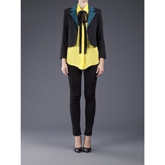 $396 Heidi Merrick Black Silk Teal Collar Shaun Tuxedo Jacket Blazer 8 NEW H271 - Picture 4 of 6